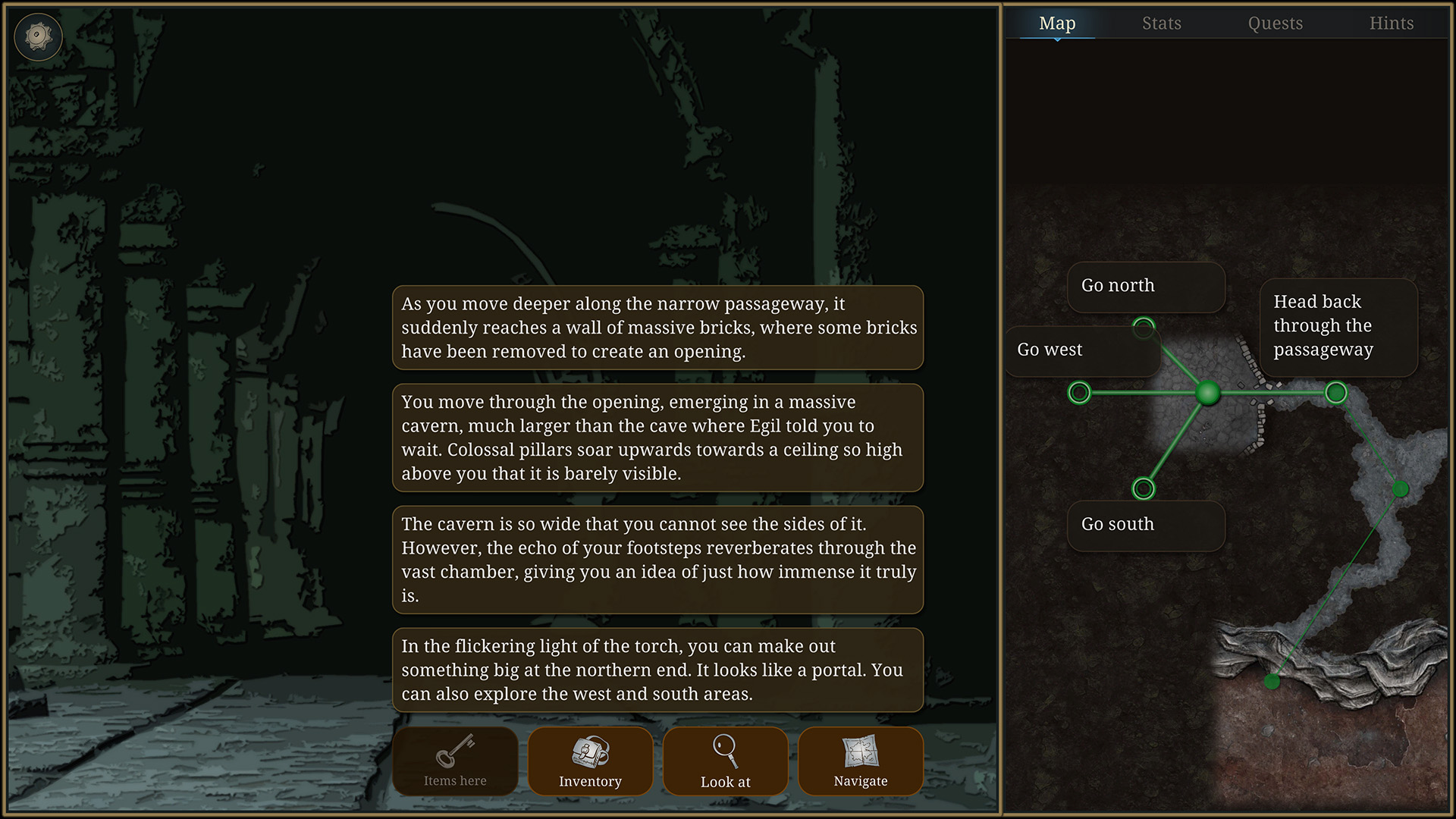 Game screenshot with player investigating a cave with multiple possible ways to go