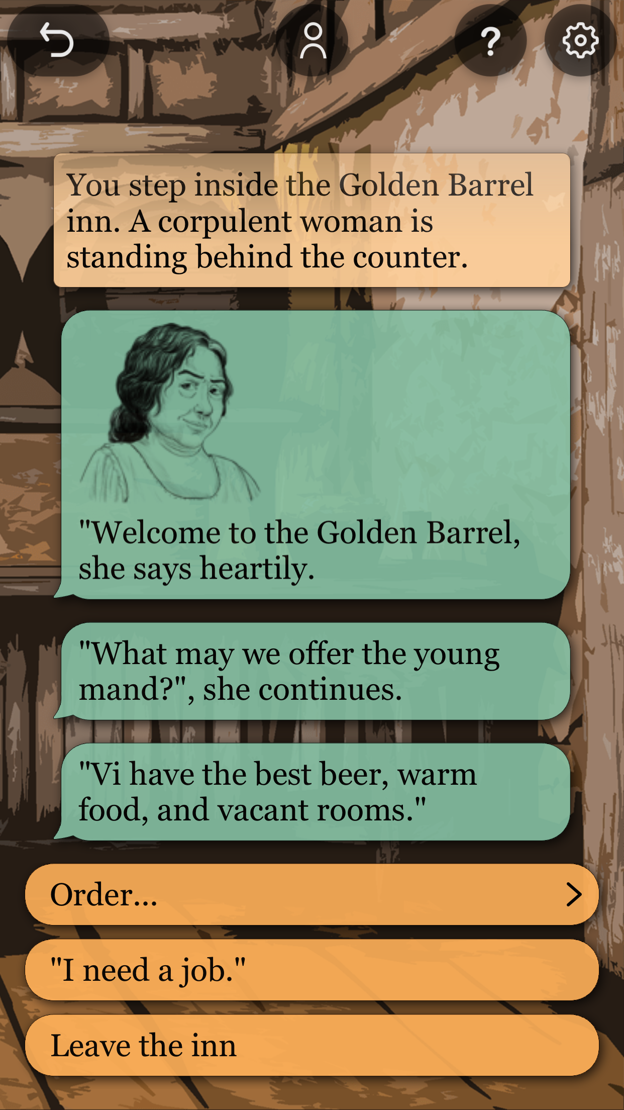 Characters in Serania - Path of the Scion Screendump from the game, showing the inn keeper in the game.